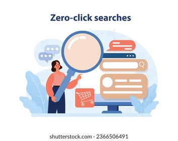 Zero-click or no click search. Query on a search engine. Internet user performs a search but doesn't click on a link of specific website. Result on a searching page. Flat vector illustration