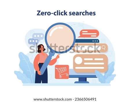 Zero-click or no click search. Query on a search engine. Internet user performs a search but doesn't click on a link of specific website. Result on a searching page. Flat vector illustration