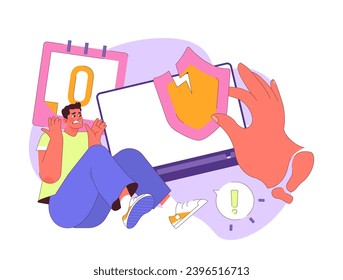 Zero-Day Exploit concept. Anxious user realizes the countdown as protection shatters, indicating unpatched software vulnerabilities. Imminent threat. Timely cyber defense. Flat vector illustration