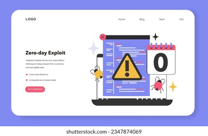 Zero-day exploit web banner or landing page. Computer-software vulnerability. Cyber attack methodology by penetration of computer immediately after developing using bugs. Flat vector illustration