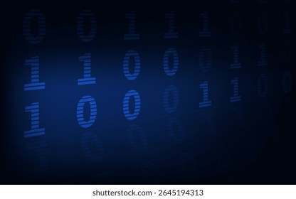 Zeros and ones with reflections from a receding digital matrix on a dark blue tech background.
