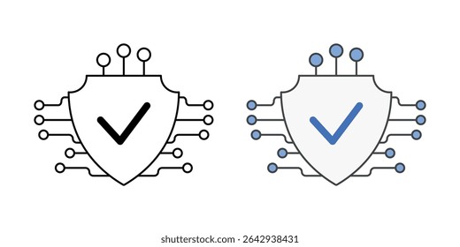 Ícone de segurança com confiança zero com escudo, nós de rede e sistema de verificação, em estilos de contorno e de cores, ideal para ilustrar a verificação de identidade estrita e a segurança segmentada da nuvem.