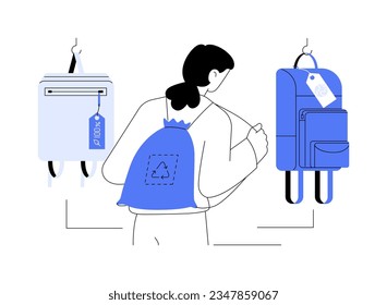 Ilustración de vectores de concepto abstracta de bolsas de basura cero. Persona con mochila sin desperdicios, accesorios de materiales reciclados, consumo ecológico, metáfora abstracta de manufactura sostenible.