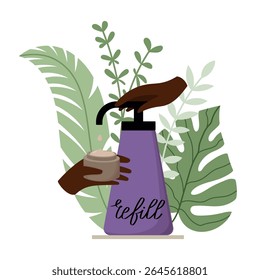 Zero-Waste Beauty Refill Station. Diverse Hands Dispensing Lotion into Reusable Jar from Pump Bottle with Tropical Leaves Around. Sustainable Skincare, Eco-Friendly Cosmetics, Plastic-Free Concept