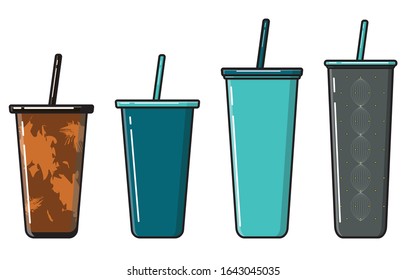  Zero-waste brown, green and grey tumbler illustration in vector, coffee shop 