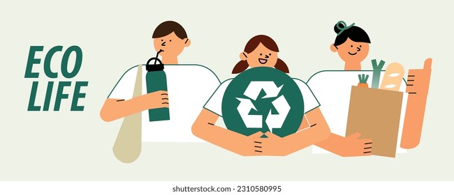 Zero-waste concept, reuse of products, environmental sustainability, vector graphic characteristics of happy men and women in flat design, eco-living and a green lifestyle.
