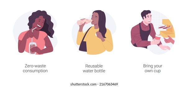 Zero-waste consumption isolated cartoon vector illustrations set. Using disposable tableware, eco-friendly cafe, drink water from reusable bottle, bring your own cup, urban lifestyle vector cartoon.