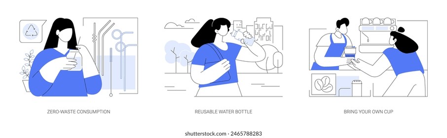 Zero-Waste-Verbrauch isolierte Cartoon-Vektorillustrationen gesetzt. Verwenden Sie Einweg-Geschirr, umweltfreundliches Café, trinken Sie Wasser aus Mehrwegflasche, bringen Sie Ihre eigene Tasse, urbane Lifestyle-Vektorgrafik Cartoon.