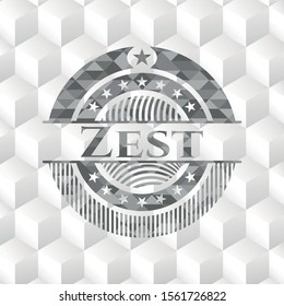Zest retro style grey emblem with geometric cube white background