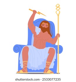 Zeus Antiguo Personaje De Dios Griego Sentado Majestuosamente En Un Trono Real Sosteniendo Un Relámpago Y Cetro En Un Gesto Simbólico De Poder Y Autoridad. Ilustración vectorial de dibujos animados