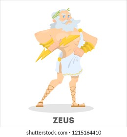 Zeus ancient greek god with a thunder. Olympian mythical character with great power. Man in white clothes. Isolated vector illustration in cartoon style