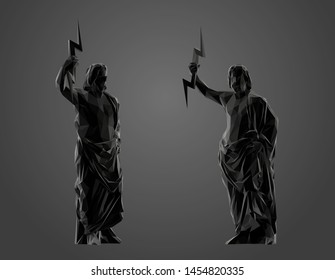 Zeus in Black and White. Dark Set of Zeus. Low Poly Vector Greyscale Silhouette 3D Rendering