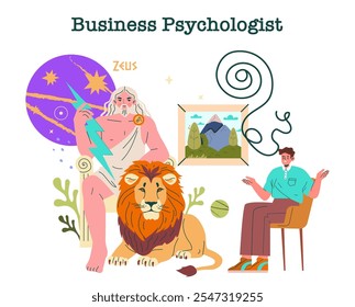 Zeus concept. Greek mythology meets modern therapy with the king of gods as a business psychologist. Counseling session, leadership, wisdom. Vector illustration.