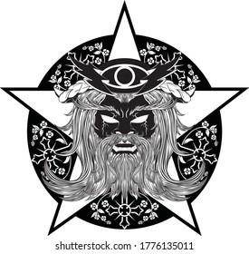 Zeus deity emblem.  Deity head with crosses and flowers representing divinity.