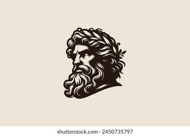 Zeus Face Logo Ancient God from Greek Mythology Man Beard Laurel Headband Illustration Brand Identity.