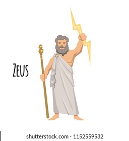 Zeus, the Father of Gods and men, ancient Greek god of sky. Ancient Greece mythology. Flat vector illustration. Isolated on white background.