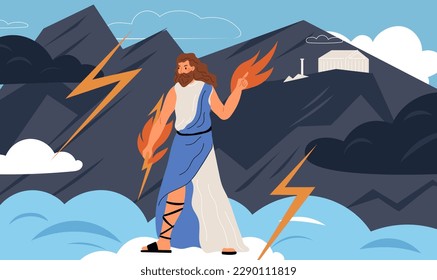 Zeus figure. Ancient Greek god. Devine religious character throws fire and lightning from Olympus. Titanomachy legend. Mythological Roman Jupiter. Greece deity. Garish