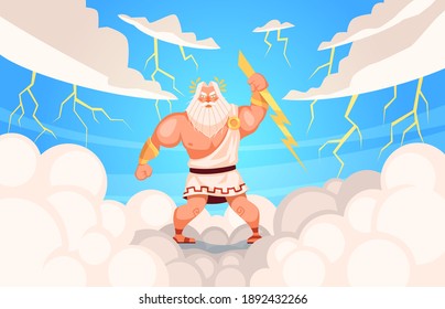 Zeus figure. Ancient main mythological god head of pantheon, greek character on olympus mount, clouds and lightning, strength and power embodiment. 