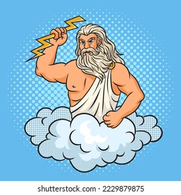 Zeus god with lightning in his hand pinup pop art retro vector illustration. Comic book style imitation.