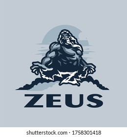 Zeus god on a mountain among the clouds, against the sky. Muscular man with a beard and long hair. Lightning comes from the hands, which form the letter Z.