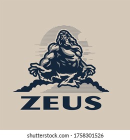 Zeus god on a mountain among the clouds, against the sky. Muscular man with a beard and long hair. Lightning comes from the hands, which form the letter Z.