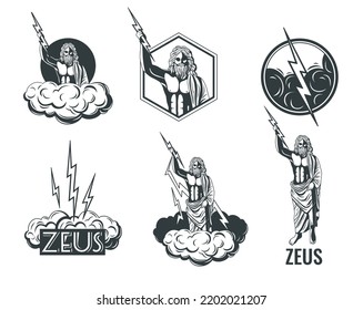 Zeus greek olympian god with lightnings black and white emblems set isolated on white background vector illustration