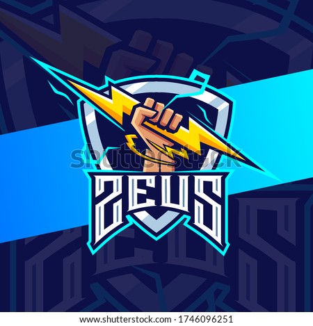 zeus hand with thunder mascot esport logo design