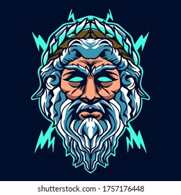 Diseño de la ilustración del vector de la cabeza de Zeus en el fondo oscuro