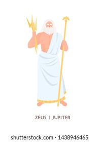 Zeus or Jupiter - main Olympian deity, god of sky, lightning, thunder from ancient Greek and Roman religion. Male mythological character with beard and thunderbolt. Flat cartoon vector illustration.