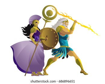 zeus jupiter and palas athena minerva greek roman mythology god of the ray and goddess of the wisdom