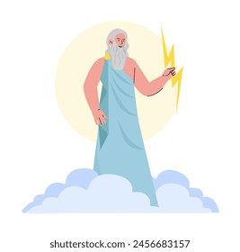 Zeus mit Blitz. Älterer Mann mit grauen Haaren und Bart bei Wolke. Fantasie und Fantasie, Religiosität und Glaube. Der altgriechische Gott. Cartoon flache Vektorillustration isoliert auf weißem Hintergrund