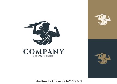 logotipo de zeus con trueno, estilo de diseño de silueta, plano, masculino, maduro y lujoso con varios colores diferentes de previsualización y fondo