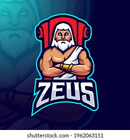 Zeus mascot logo design vector with modern illustration concept style for badge, emblem and t-shirt printing. Zeus sits on throne for esports team