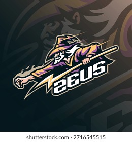 Vector de diseño de logotipo de mascota de Zeus. Ilustración de Zeus con palo en mano.