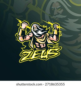 Vector de diseño de logotipo de mascota de Zeus. Ilustración de Zeus con un rayo en la mano.