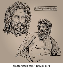 Zeus. Master of Olympus. God of the sky, lightning, thunder, law, order, and justice. Digital Sketch Hand Drawing Vector. Illustration.