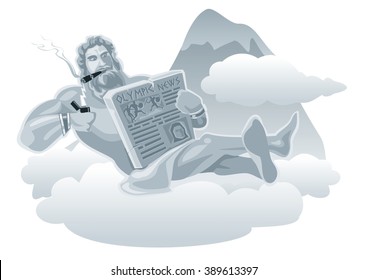 Zeus sitting on a cloud and lights a cigarette from lightning. Flat vector illustration.