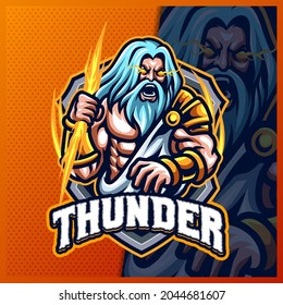 Zeus Thunder God mascot esport logo design illustrations vector template, Greece Ancient Gods logo for team game streamer merch, full-color cartoon style