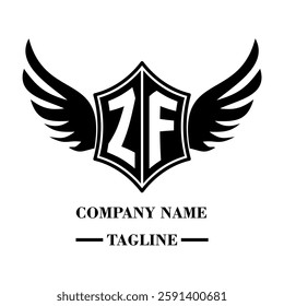 ZF bold shield logo with wings, customizable with letters A to Z. Perfect for brands seeking a powerful symbol of strength, freedom, and ambition