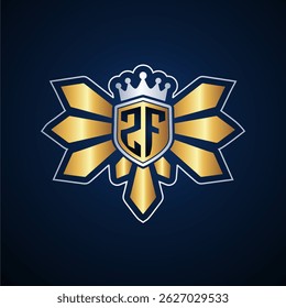 ZF initial letters monogram logo for gaming with shield and eagle wing