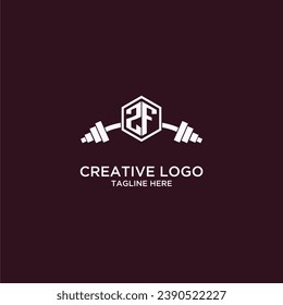 ZF initial monogram for fitnes or gym logo with creative shield and barbell design