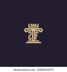 Logotipo de monograma inicial ZF para la firma de abogados con diseño de imagen de la corona del pilar