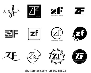 ZF logo company template. Letter z and f logotype. Set different classic serif lettering and modern bold text with design elements. Initial font typography. Collection trendy business identity.