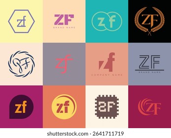 ZF logo company template. Letter z and f logotype. Set different classic serif lettering and modern bold text with design elements. Initial font typography. Collection trendy business identity.