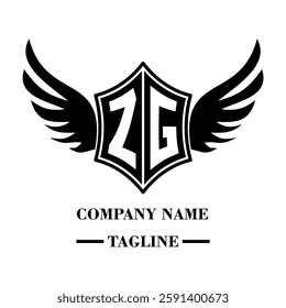 ZG bold shield logo with wings, customizable with letters A to Z. Perfect for brands seeking a powerful symbol of strength, freedom, and ambition