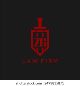 Monograma inicial de ZG para bufete de abogados con Imagen de logo de espada y escudo