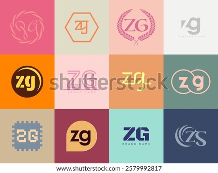 ZG logo company template. Letter z and g logotype. Set different classic serif lettering and modern bold text with design elements. Initial font typography. Collection trendy business identity.