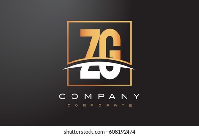 ZG Z G Golden Letter Logo Design with Swoosh and Rectangle Square Box Vector Design.