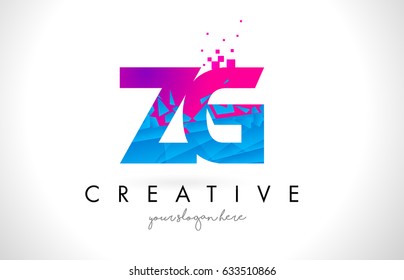 ZG Z G Letter Logo with Broken Shattered Blue Pink Triangles Texture Design Vector Illustration.
