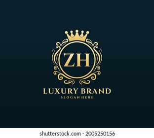 ZH Letra inicial Oro caligrafía caligráfica femenina floral mano trenzada heráldica monograma antiguo estilo vintage diseño logotipo de lujo estilo antiguo.